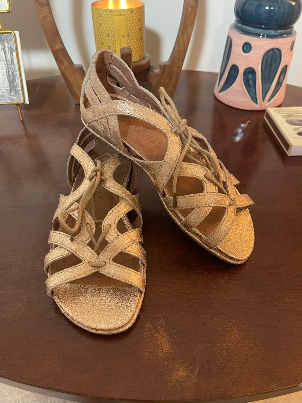 Gentle Souls Women's Orly Ghillie  Lace-Up Metallic Rose Gold Sandals NWOB